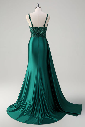 Dark Green Mermaid V-Neck Satin Appliqued Sequin Long Prom Dress with Slit